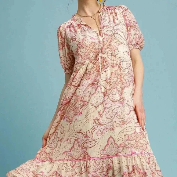 Umgee Pink and Cream Paisley Midi Dress - Picture 2 of 5